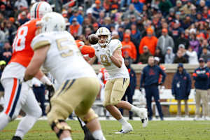Nov 9, 2019; Charlottesville, VA, USA; Georgia Tech Yellow Jackets tight end Tyler Davis (9) catches a pass against the Virginia Cavaliers during the second quarter at Scott Stadium. Mandatory Credit: Amber Searls-USA TODAY Sports